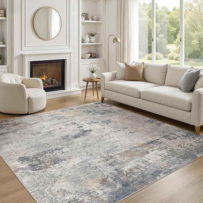 UERMEI Square Area Rugs : Washable 6x6 Neutral Modern Abstract Carpet for Living Room Bedroom - Soft Floor Mat with Non Slip Backing for Kitchen Nursery Dorms Farmhouse Home Decor - Blue Grey