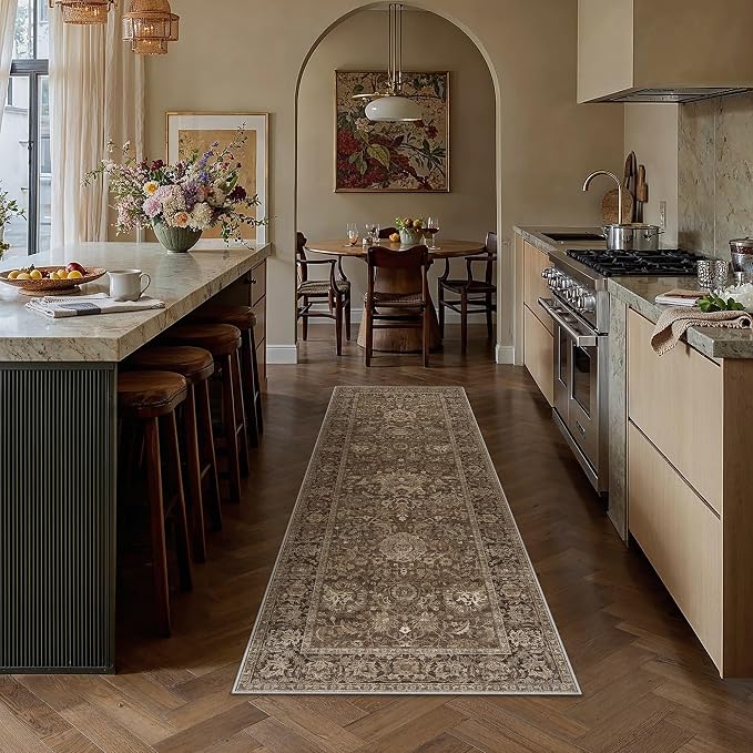 HUGEAR Hallway Runner Rugs 2x6 Brown Washable Rug Neutral Vintage Rug Carpet Distressed Soft Durable Non Slip No Shedding for Indoor Bedroom Kitchen Dining Nursery Laundry