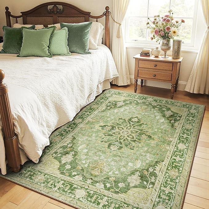 RELEANY Area Rugs 4'x5' Washable Non-Slip, Floral Vintage Distress Print Pattern Medallion Carpet for Living Room Bedroom Dining Room, Sage Green Yellow