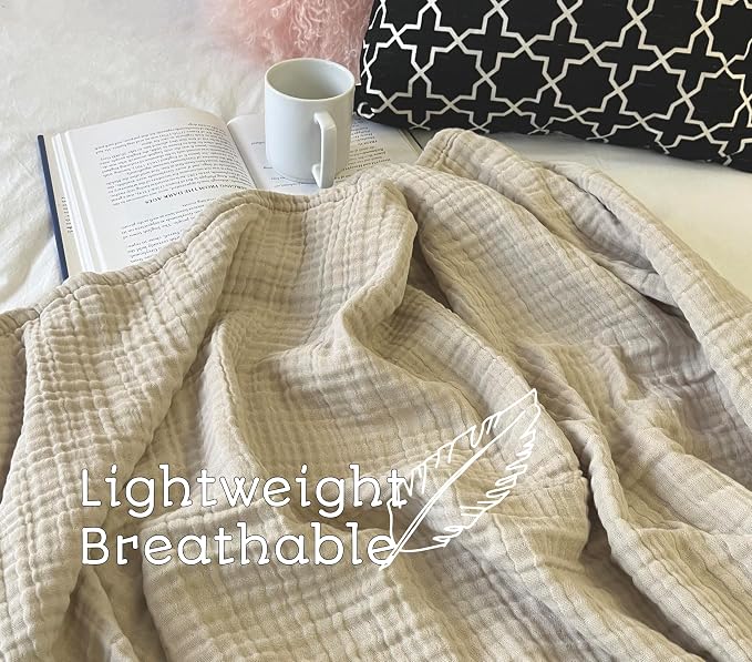 KyraHome 100% Organic Cotton Muslin Blankets for Adults, 60“x80 Pre-Washed Plant Dyed Breathable Gauze Lightweight Summer Throw Blanket for Couch, All Season, Oatmeal Khaki