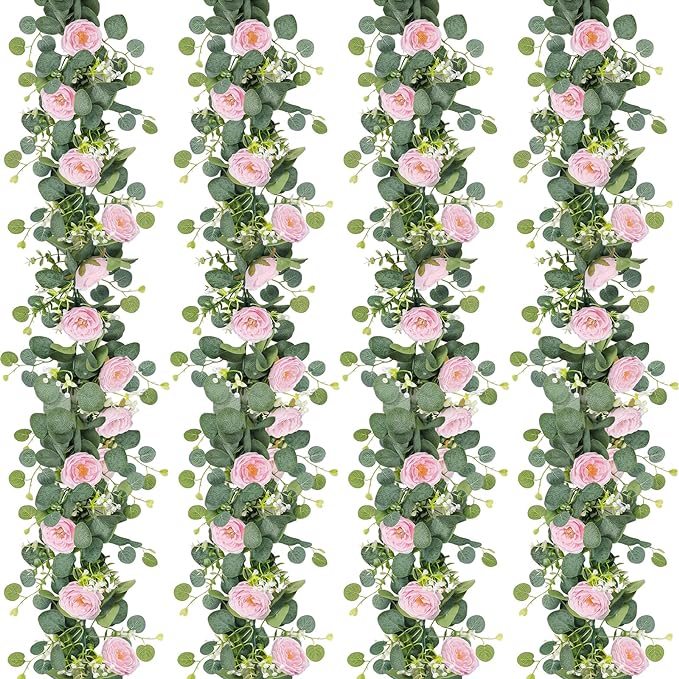 TOCHGREEN 2 Pack 13Ft Artificial Eucalyptus Flower Garland with Pink Roses, Fake Rose Flower Greenery Garland Floral Vines for Wedding Home Party Table Runner Decor (4PCS, Pink)