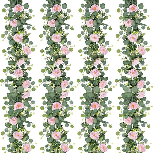 TOCHGREEN 2 Pack 13Ft Artificial Eucalyptus Flower Garland with Pink Roses, Fake Rose Flower Greenery Garland Floral Vines for Wedding Home Party Table Runner Decor (4PCS, Pink)