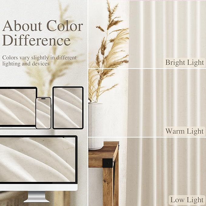 Nanspring Modern Linen Curtains 63 Inch Length for Living Room Light Filtering Semi Sheer Curtain Back Tab Neutral Luxury Modern Farmhouse Decor Linen Blend Drapes for Bedroom 52x63, 2 Panels