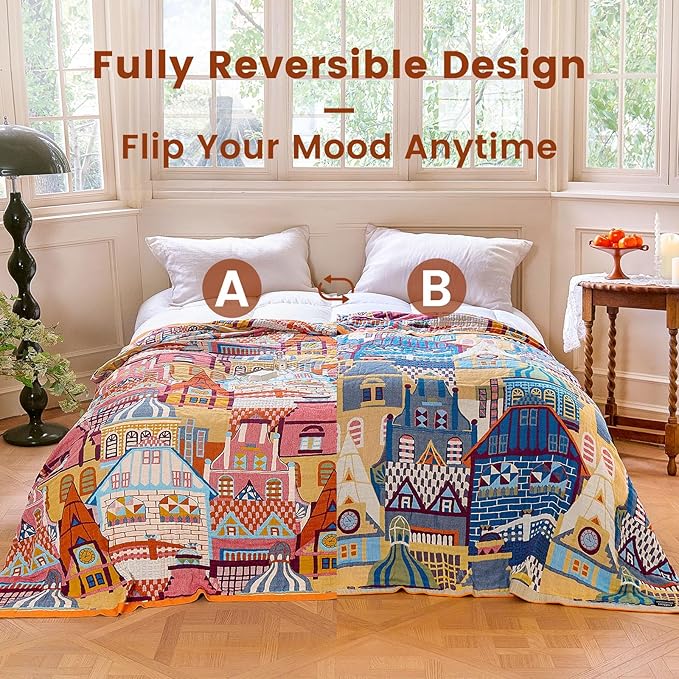 MSGKV Whimsical Roman Castle 100% Cotton Woven Throw Blanket, 50"x60" Colorful & Lightweight&Summer Breathable Art Cartoon Throw Blanket for Couch Bed, Unique Decor for Adult Bedroom, Living Room