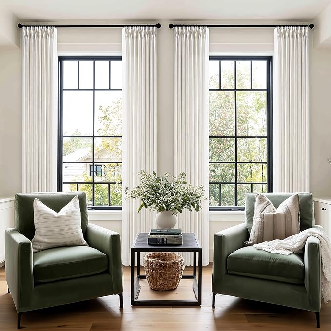 Pinch Pleat 102 Inch Long Curtains Linen Curtains for Living Room Bedroom Light Filtering Privacy Neutral 102 Inch Pleated Drapes Hooks Rings Back Tab for Window Sliding Door Natural Cream 1 Panel