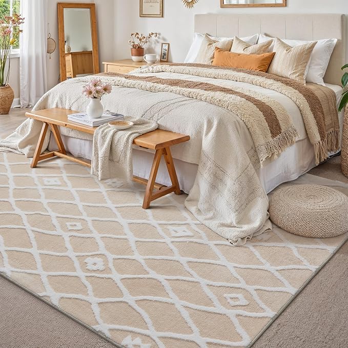 PureCozy 8x10 Area Rug for Living Room Beige Ivory Washable Bedroom Rug Non Slip Soft Modern Moroccan Neutral Shag Checkered Carpet Boho Dining Room Office Playroom Nursery