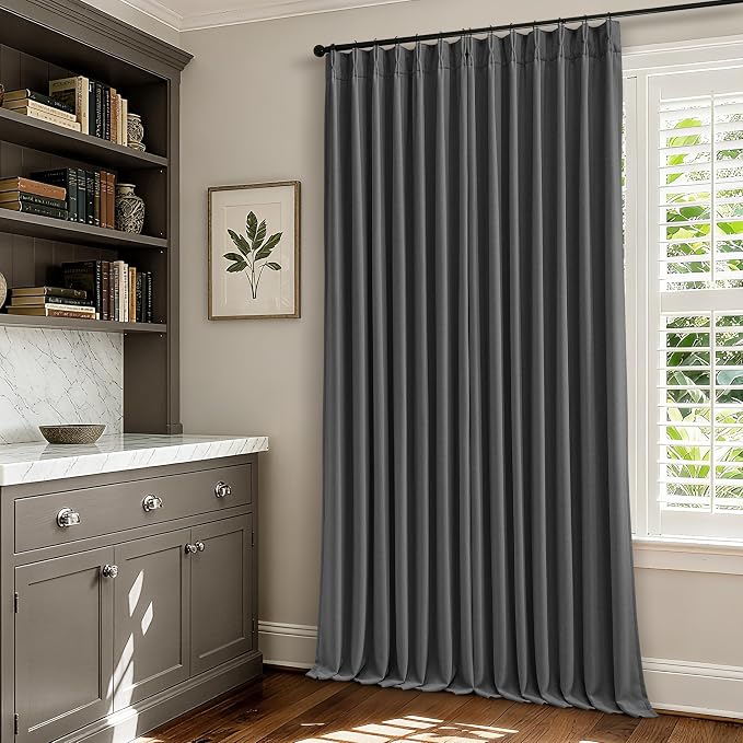 Charcoal Grey 120 Inch Blackout Pinch Pleated Curtains 2 Panel Set for Living Room Darkening Thick Linen Textured 100% Black Out Drapes 120 Inches Long Pinch Pleat Light Blocking Bedroom Dark Gray