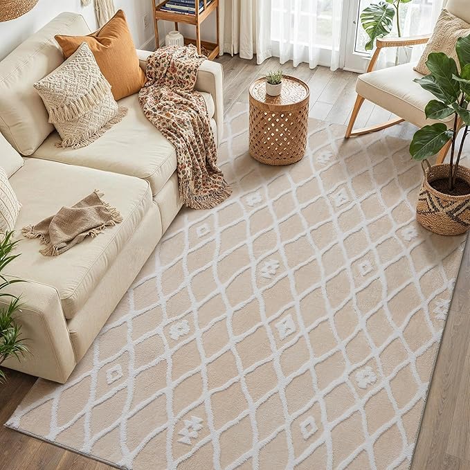PureCozy 4x6 Area Rug for Living Room Beige Ivory Washable Bedroom Rug Non Slip Soft Modern Moroccan Neutral Shag Checkered Carpet Boho Dining Room Office Playroom Nursery