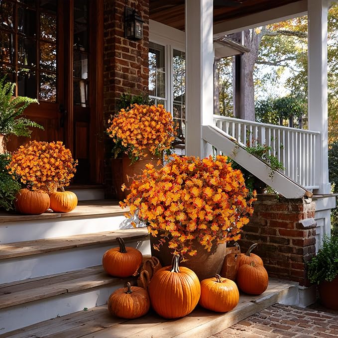 AXYLEX Artificial Fall Flowers Outdoor Fake Mums - 12 Bundles Fake Plants UV Resistant No Fade Faux Plastic Greenery Garden Porch Patio Fall Home Decor(RedOrangeYellow)
