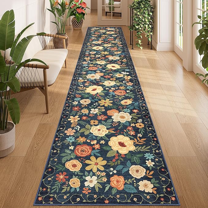 DUKINO Washable Runner Rug 2x12, Ultra Soft Floral Runner Rug for Hallway, Boho Non Slip & Non Shedding Indoor Entryway Carpet for Kitchen, Laundry Room, Bathroom, Bedroom, Entrance, Navy Blue
