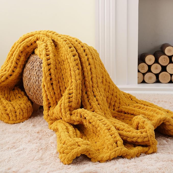 Battilo Mustard Yellow Chunky Knit Throw Blanket, Soft and Thick Chenille Throw Blanket, 50"x60" Handmade Cable Knit Crochet Blanket, Rope Knot Knitted Fall Throw Blankets for Couch Home Decor