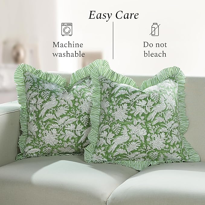 CPC Olive Green Ruffle Throw Pillow Covers for Couch, 20x20 Inch Cotton Stripe Ruffle Couch Pillows for Living Room, Hidden 16 Inch Zipper Boho Pillow Case or Cute Outdoor Pillows