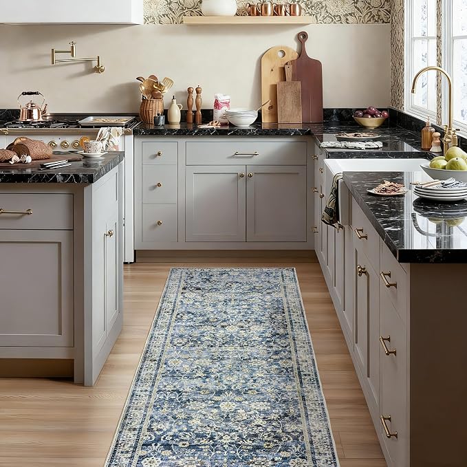 Blue 2x6 Runner Rug for Hallway Low Pile Kitchen Rugs Non Slip Washable Vintage Floral Distressed Design Carpet for Entryway Bedroom Boho Retro Dark Blue Rug for Bathroom Indoor 2 x 6