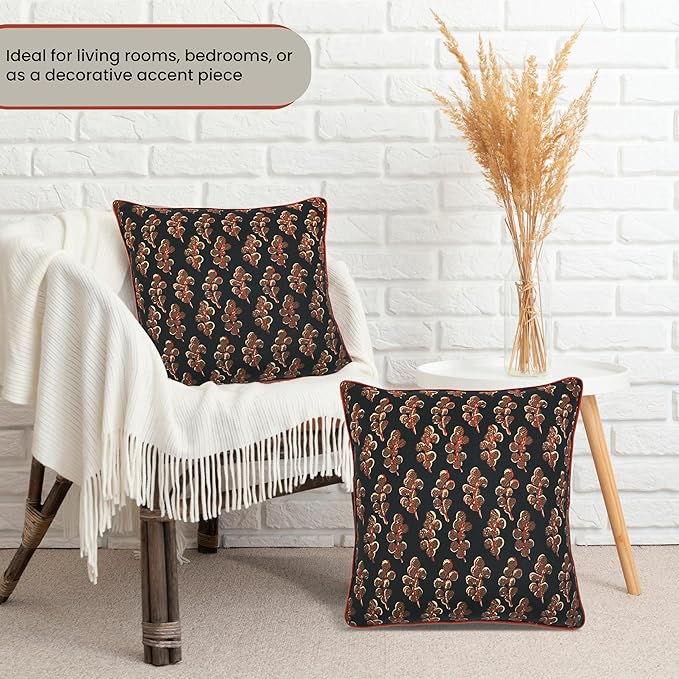 Ridhi Block Print Black Pillow Cover 18" x 18" (Pack of 2) Decorative Couch Pillows for Living Room, Chic Boho Cute Outdoor Pillows Covers Gifts for Spring, Easter and Valentine
