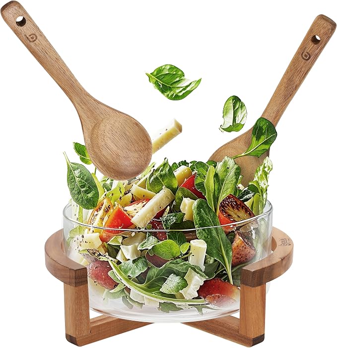 Boxiki Kitchen Large Glass Salad Bowl Set with Acacia Wood Stand, Serving Spoon and Fork, 11 Inch Clear Glass Mixing Bowl for Pasta Fruits Veggies, Elegant Dinner Table Centerpiece Serving Dish