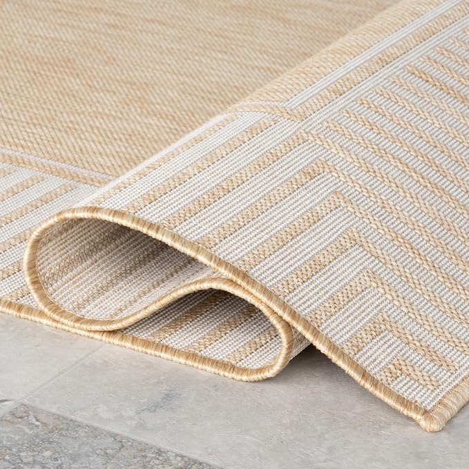 Nuloom Asha Tan/Ivory, 6'7" x 9', Casual, Striped Border, Soft and Cozy, High Traffic, Easy Clean, Durable Area Rug for Indoor/Outdoor Patio, Deck, Porch, Garden, Courtyard