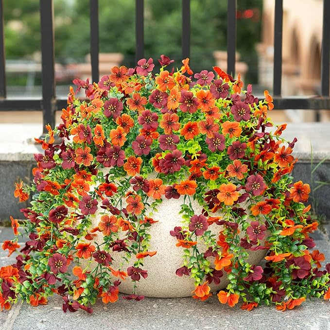 Ammyoo Artificial Hanging Flowers for Outdoors Fake Plants Decoration, 2 Packs Faux Silk Daisy Flower Realistic Outdoor Flowers UV Resistant Porch Patio Window Yard Indoor Spring Decor(Orange Brown)