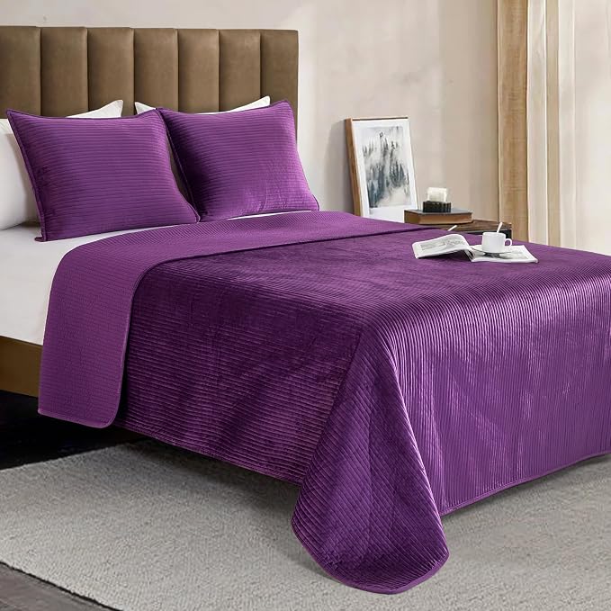 Elegant Comfort Luxury 3-Piece Velvet Corduroy Stripe Quilt Set, Ultra Soft Bedspread - Cozy Velvet Coverlet Set - 3PC Medium Weight Quilted Set with Matching Pillow Shams, King, Purple
