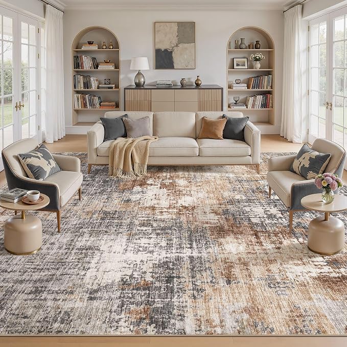 DMOYEST Area Rug Living Room Rugs - 12x14 Extra Large Soft Indoor Neutral Modern Abstract Low Pile Washable Rug Carpet for Bedroom Dining Room Farmhouse Home Office - Grey Brown