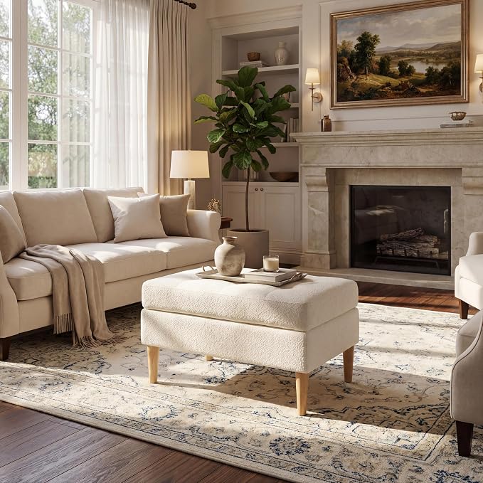 Christopher Knight Home Dalla Boucle Upholstered Ottoman Coffee Table, Small Living Room Sofa Footrest, Wooden Rectangular Ottoman Footstool, Guest Extra Seat, Ivory
