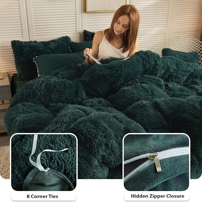 LIFEREVO Luxury Plush Shaggy Duvet Cover Set, Ultra Soft Fluffy Furry Duvet Cover Set(1 Faux Fur Fuzzy Comforter Cover + 2 Pom Poms Velvet Pillow Shams) Bedding Set, Zipper Closure(King, Dark Green)