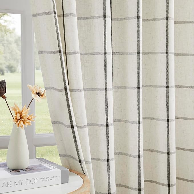 Vision Home Black Plaid Linen Pinch Pleated Semi Sheer Curtains Checkered Light Filtering Window Panels 102 inches Long for Living Room Bedroom Rustic Pleat Drapes with Back Tab Hooks 60" Wx102 Lx2