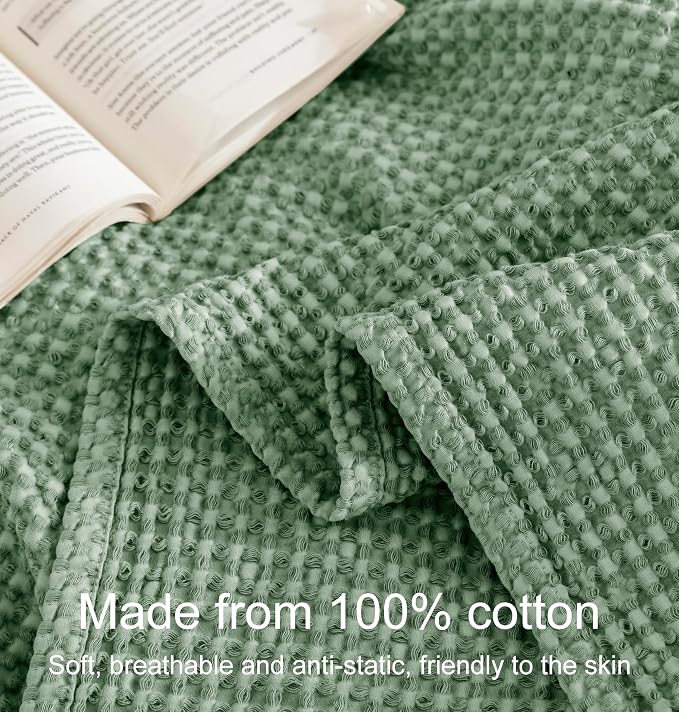 Talasily 100% Cotton Blanket Throw Size for Bed - Spring and Summer Cooling Lightweight & Breathable Bedding -Soft Waffle Weave Christmas Blanket, Machine Washable,Green,50x60 Inches
