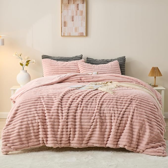 Simple&Opulence Fluffy Faux Fur Comforter Set, Plush Fuzzy Minky Bedding Set, 3 Pieces Warm Soft Comforter Bedding Set for Winter - 1 Shaggy Comforter with 2 Pillow Shams(King, Striped - Pink)