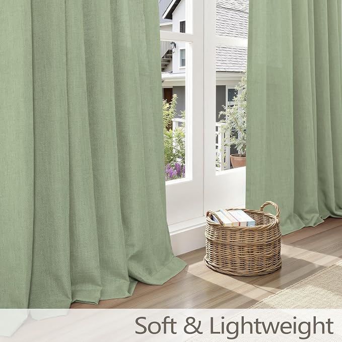 Sage Green Curtains 108 Inches Long 2 Panels Set Pinch Pleated Linen Drapes for Living Room Bedroom Neutral Boho Farmhouse Back Tab Pleat Light Filtering Sheer Curtains 40x108 Length Vintage Moody