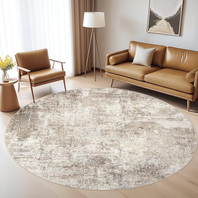 7ft Round Rug Living Room Rugs: 7x7 Washable Circle Large Abstract Modern Soft Stain Resistant Non-Slip Indoor Floor Carpet for Bedroom Nursery Office Dining Room Playroom Home House- Beige Brown