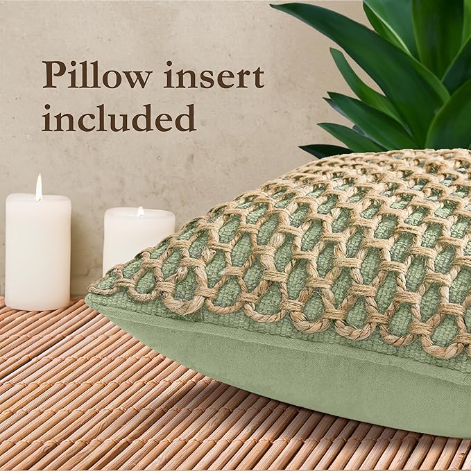 Boho Living Jada Decorative Throw, Includes Accent, Premium Woven Design, Living Room Décor, (1) 20" x 20" Pillow Cover with Insert, Sage Green