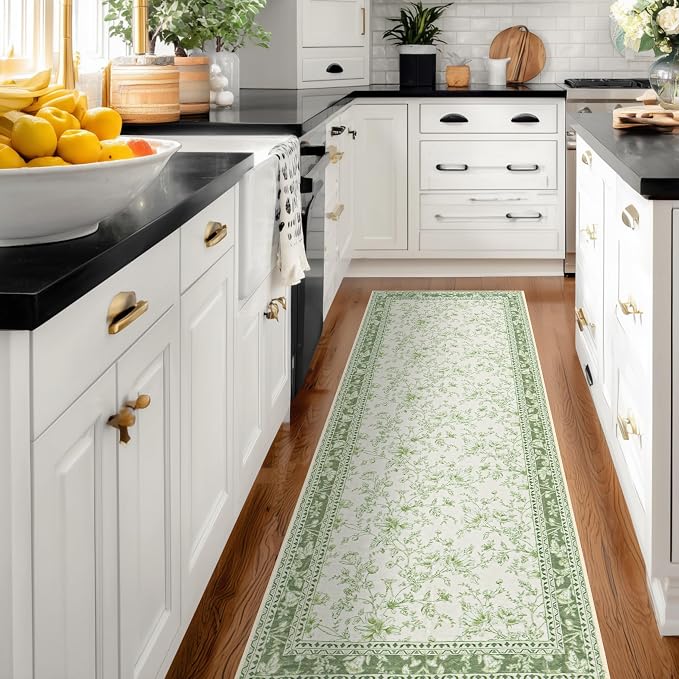 Light Green Kitchen Rug 3x8 Modern Vintage Boho Farmhouse Unique Floral Sage Cream Beige Peony Lily Sketch Style, Washable Low Pile Non-Slip Extra Long Wide Runner Rugs for Hallway 8 ft Long