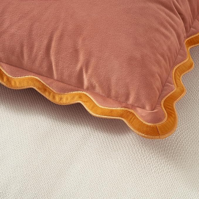 MONDAY MOOSE Decorative Throw Pillow Covers Cushion Cases, Set of 2 Soft Velvet Scalloped Wavy Edge Designs, Mix and Match for Home Decor, Pillow Inserts Not Included (18x18 inch, Pink/Honey)