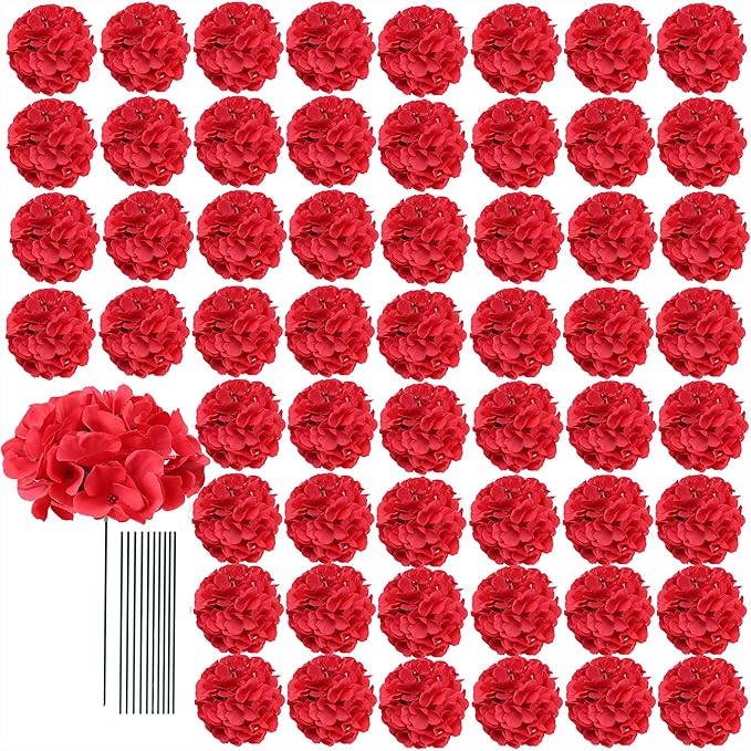 AVIVIHO Fake Flowers 65pcs Red Hydrangea Artificial Flowers Bulk (Not Squished, No Steaming Need) Silk Flowers with Stems for Wedding Decor,Home,Baby Shower,Table Centerpieces Decoration