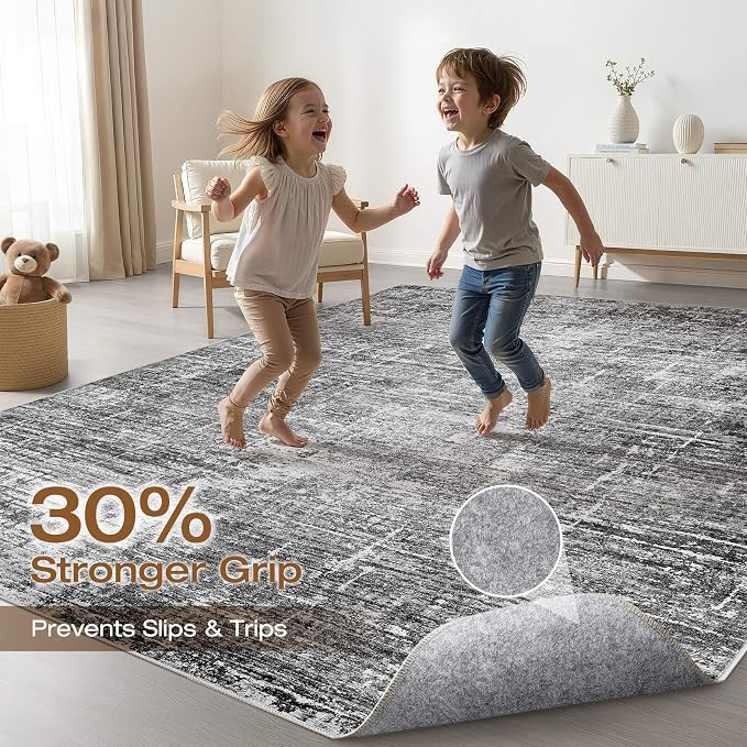 7x9 Area Rug Living Room: Washable Large Neutral Black Rug Abstract Soft Modern Stain Resistant Indoor Floor Non-Slip Carpet for Bedroom Nursery Kids Office Playroom Dining Room Under Table Home