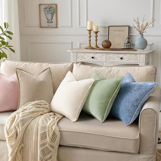 decorUhome Summer Chenille Soft Cozy Throw Pillow Covers 22x22 Set of 2, Modern Farmhouse Boho Velvet Decorative Euro Sham Pillow Cases with Stitched Edge for Couch Sofa Bed Home Decor, Beige