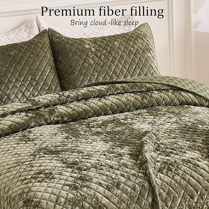 Velvet California King Quilt Size Set 106x118 Luxury Soft Bedspread Coverlet 3-Piece King Comforter Sets with 2 Pillow Shams 20x36 Super Cozy for All Seasons Velvet Bedding Set, Army Green