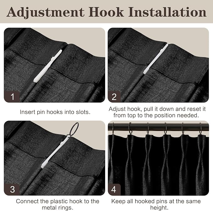 Black 90 Inch Curtains Pinch Pleated Linen Curtain for Living Room, Floor to Ceiling Light Filtering Pleat Drapes Textured Thick Semi-Sheer Curtains with Hooks for Bedroom Sturdy Room, 2 Panels