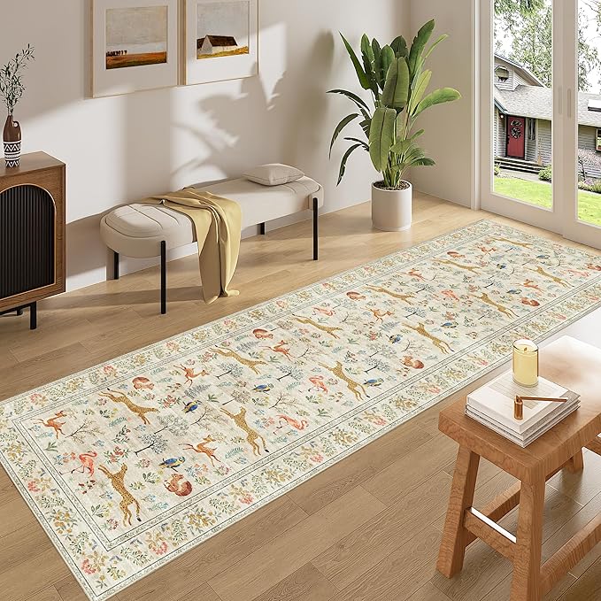DUKINO Runner Rug, 2x8 Washable Kitchen Rugs for Hallways with Non Slip Backing, Soft Low Pile Vintage Animal Runner for Kitchen, Hallway, Entryway, Laundry, Bedroom, Beige
