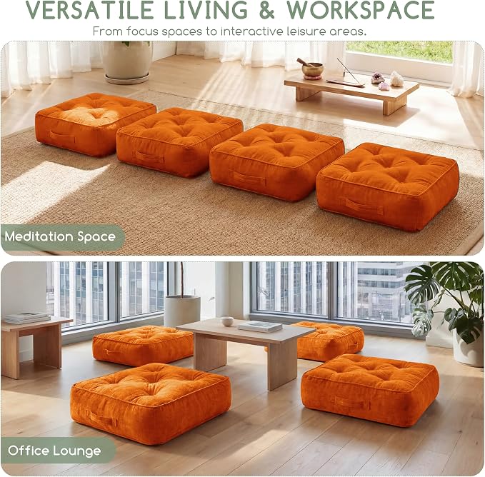 HIGOGOGO 6" Extra Thick Floor Pillow Cushion for Adults, Meditation Cushion Pillow with Handle, Lustrous Chenille Tufted, Square Floor Sitting for Tatami Living Room or Yoga, 22x22 Inch, Orange