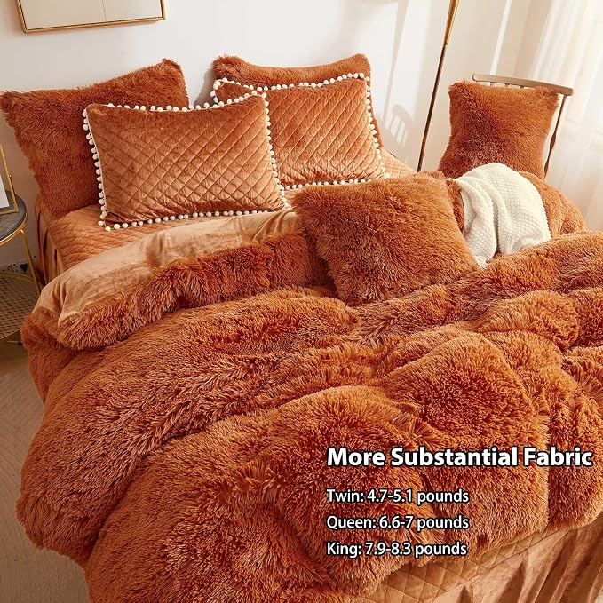 LIFEREVO Terracotta Plush Shaggy Duvet Cover Set, Soft Velvet Fluffy Bedding Set Furry Comforter Quilt Cover(1 Faux Fur Duvet Cover + 2 Pompoms Pillow Cases), Zipper Closure(Queen, Burnt Orange)