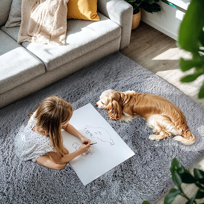 KICHOWUA Thick Area Rug Grey Fluffy Shag 5x8 for Bedroom Living Room Washable Plush Fuzzy Carpet for Kids Girls Boys Baby Room Nursery Soft Furry Shaggy Indoor Floor Non Slip Rugs for College Dorm