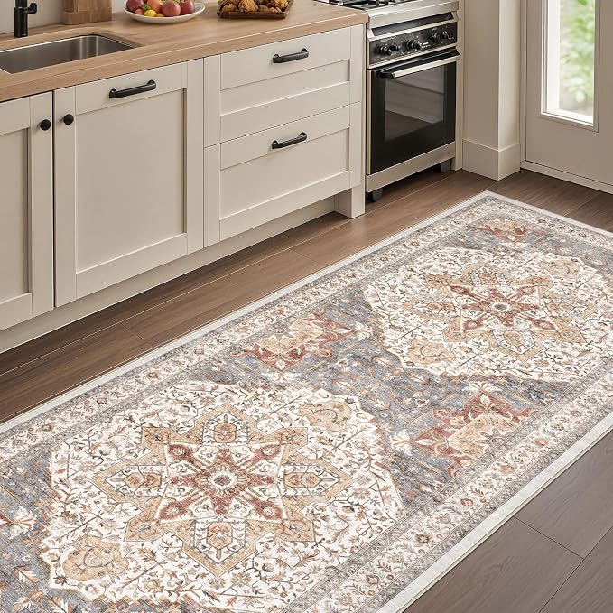 Tortania Area Rug 3x8 Runner Rugs - Washable Vintage Oriental Farmhouse Thin Indoor Carpet for Living Room Bedroom Hallway Entryway Kitchen Under Dining Table Home Office - Orange Multi