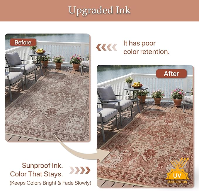 GENIMO Outdoor & Indoor Area Rug 4'x6', Waterproof, Non-Shedding, Easy Cleaning, Boho Mat for Patio, Living Room, Balcony, Dining Room, RV, Deck, Bedroom, Camping, Outside Carpet,Brown Red