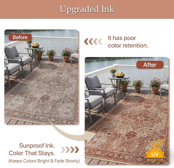 GENIMO Outdoor & Indoor Area Rug 6'x9', Waterproof, Non-Shedding, Easy Cleaning, Boho Mat for Patio, Living Room, Balcony, Dining Room, RV, Deck, Bedroom, Camping, Outside Carpet,Brown Red
