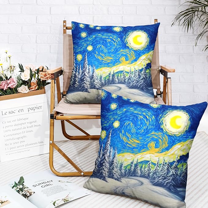 Winter Pine Forest Pillow Covers Van Gogh Starry Night Throw Pillow Covers Christmas Tree Pillowcase 22x22 Set of 2 Double Sided Printing Cushion Case for Living Room Couch Sofa