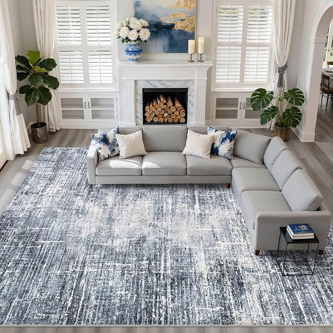 10x14 Area Rugs Living Room: Washable Large Neutral Navy Rug Abstract Soft Modern Stain Resistant Indoor Floor Non-Slip Carpet for Bedroom Nursery Kids Office Playroom Dining Room Under Table Home