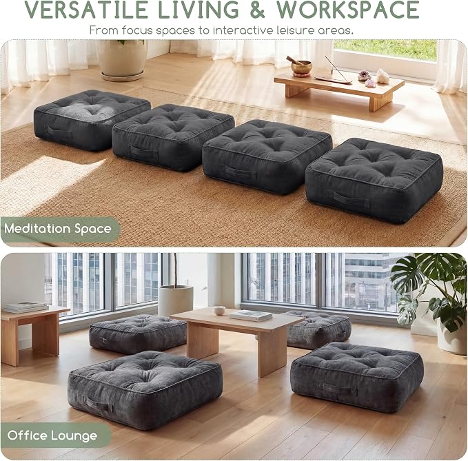 6" Extra Thick Floor Pillow Cushion for Adults, Meditation Cushion Pillow with Handle, Lustrous Chenille Tufted, Square Floor Sitting for Tatami Living Room or Yoga, 22x22 Inch, 2Pack, Dark Grey