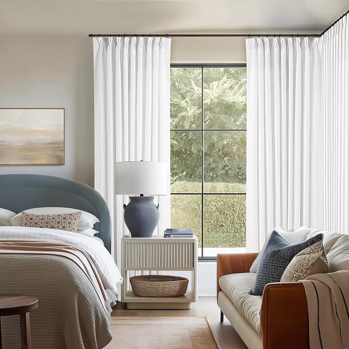 Pleated Linen Curtains 120 Inches Long 60 Inch Width Extra Wide for Living Room Bedroom White Semi Sheer 120 Inch Length Back Tab Hooks Rings Pinch Pleat Curtains for Patio Glass Door 1 Panel