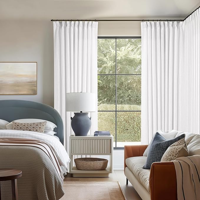 TWODRAPES 60 Inch Width Curtains 92 Inches Long Linen Pinch Pleated Curtains for Living Room Bedroom Semi Sheer Back Tab Hooks Rings Extra Wide Pinch Pleat Drapes for Patio Glass Door White 1 Panel